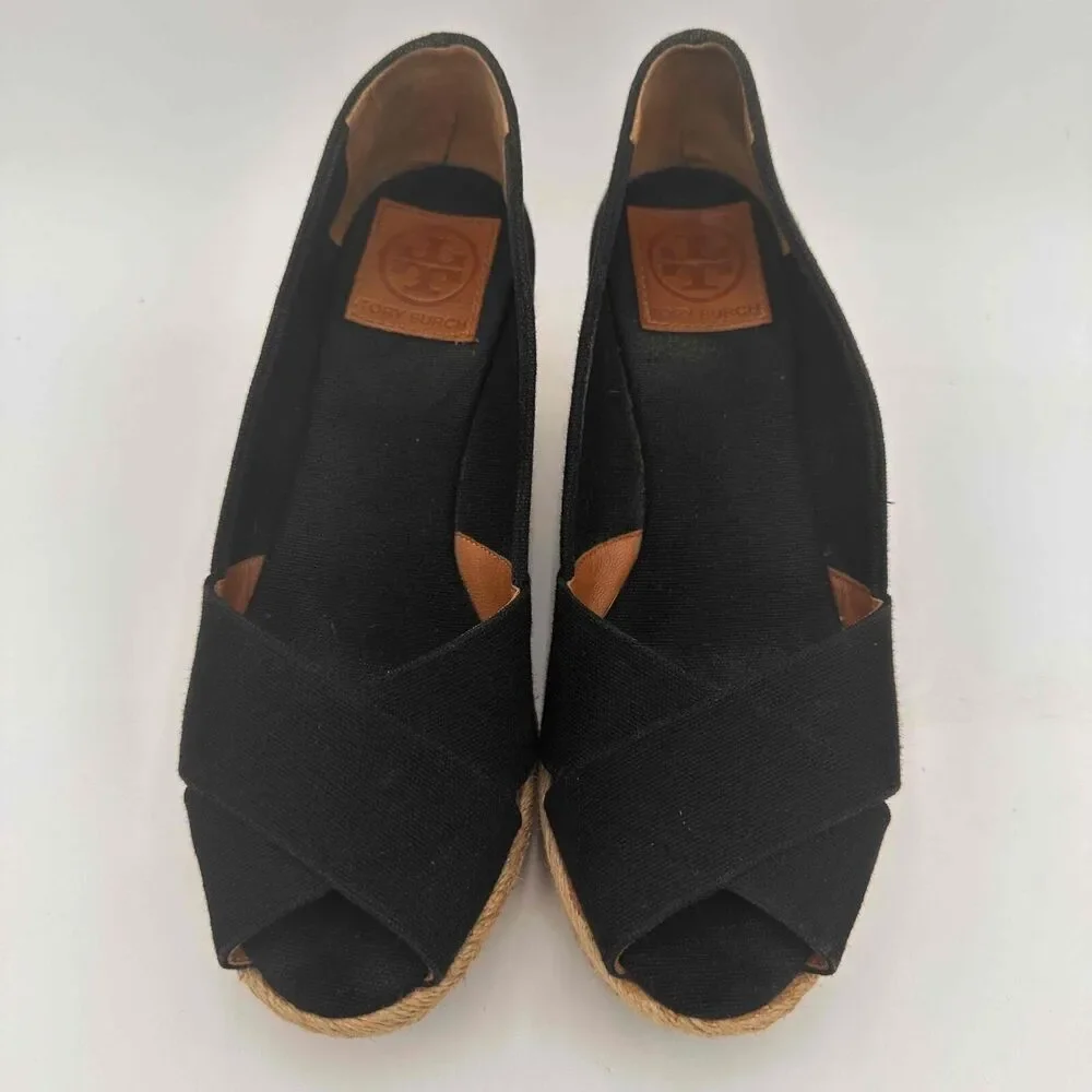 Tory Burch Black Filipa Open Toe Espadrille Wedges Shoes Size 38 / 8